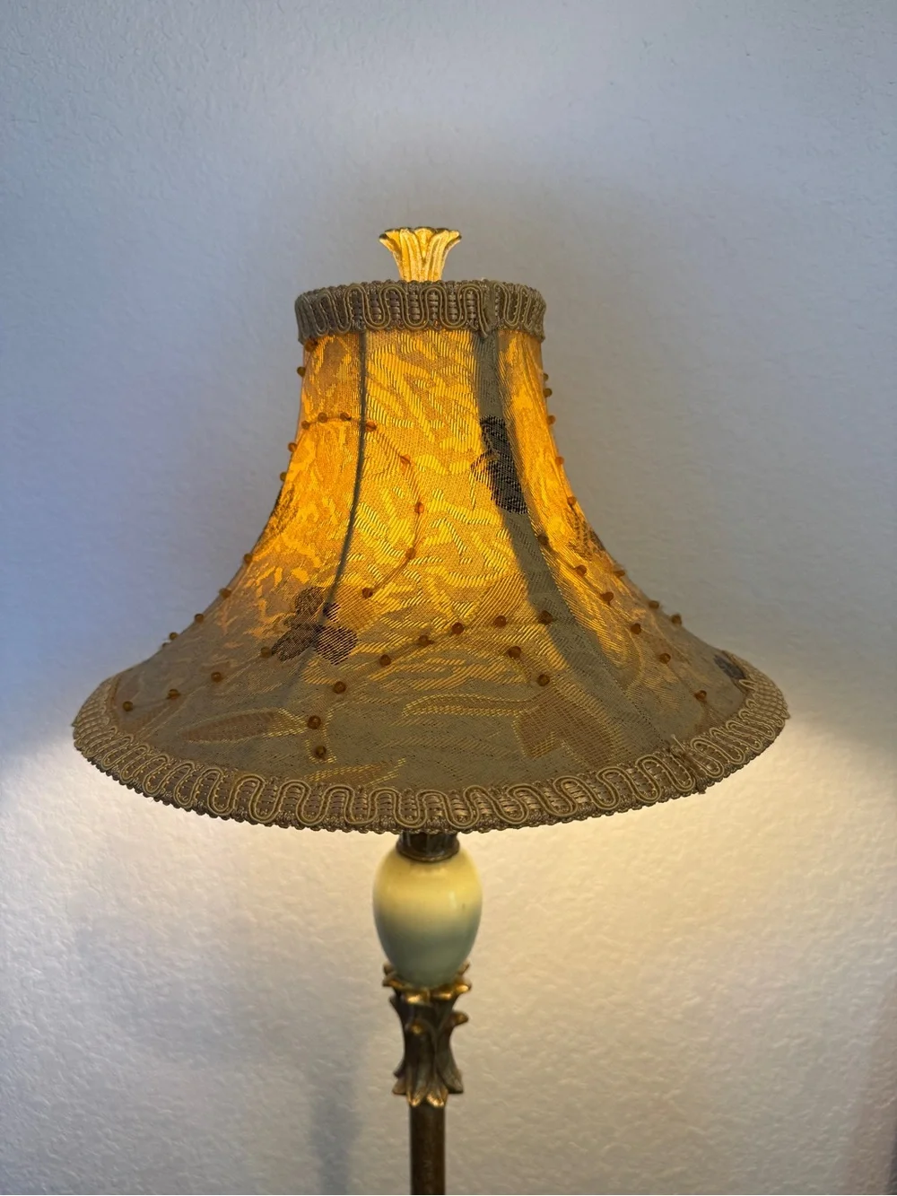 Vintage Bell lamp shade featuring an ornate design golden lace fabric beaded